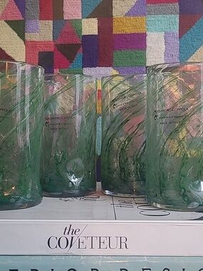 MURANO HANDBLOWN GLASS GREEN SWIRL HIGHBALL CUPS SET OF 4